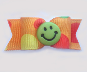 #1089 - 5/8" Dog Bow - Fun Green Smiley Face, Orange w/Dots