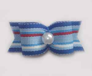 #1249 - 5/8" Dog Bow - Blue Stripes, Faux Pearl