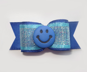#1381 - 5/8" Dog Bow - Blue Smiley Face, Shimmery Blues