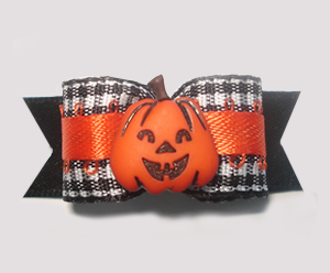 #1409 - 5/8" Dog Bow - Adorable Pumpkin, Black & White Gingham