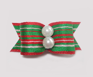 #1447 - 5/8" Dog Bow - Festive Stripe, Red Green & White, Pearls