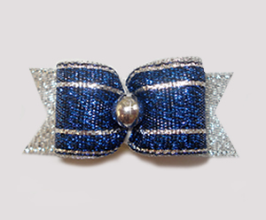 #1499 - 5/8" Dog Bow - Super Shiny Fancy Blue & Silver, Stripe