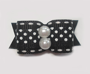 #1567 - 5/8" Dog Bow - Black & White, Tiny White Dots, Pearls