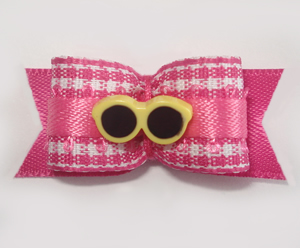 #1626 - 5/8" Dog Bow - Pink & White Gingham, Yellow Sunglasses