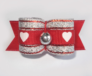 #1669 - 5/8" Dog Bow - Fancy Hearts, Silver & Red