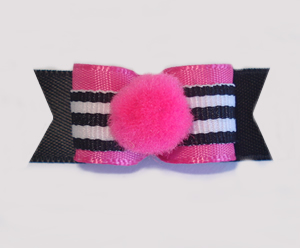 #1709 - 5/8" Dog Bow - Pom-Pom Hot Pink, B&W Stripes