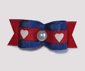 #1714 - 5/8" Dog Bow - Cute Blue & Red with Hearts, Faux Pearl