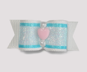 #1721 - 5/8" Dog Bow - White and Blue Shimmer, Baby Pink Heart