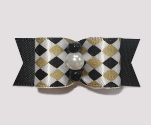 #1805 - 5/8" Dog Bow - Chic Diamonds, Gold & Black, Faux Pearl