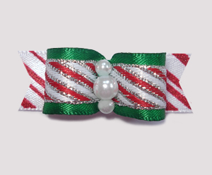 #2065 - 5/8" Dog Bow - Sweet Candy Cane Stripe with Green Satin