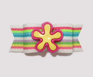 #2159 - 5/8" Dog Bow - Bright Summer Stripes, Yellow/Pink Flower