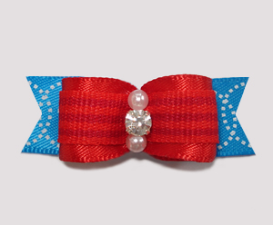 #2272- 5/8" Dog Bow - Red with Delightful Blue Swirl, Rhinestone