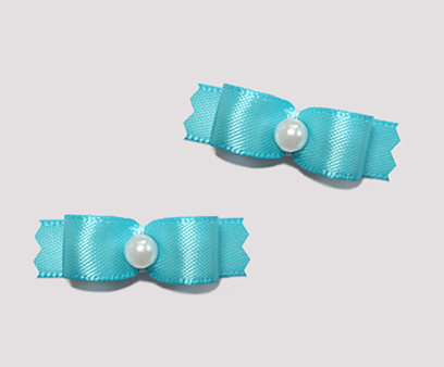 #T8863 - 3/8" Dog Bow - Satin, Ocean Blue with Faux Pearl