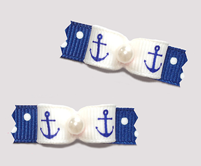 #T9443 - 3/8" Dog Bow - Cute Little Anchors, Blue/White Dots