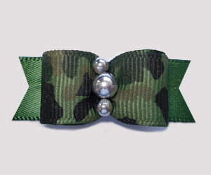 #0597- 5/8" Dog Bow- Army Camouflage Print on Army Green, Silver