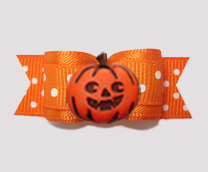 #0615 - 5/8" Dog Bow - Happy Pumpkin, Orange/White Dots