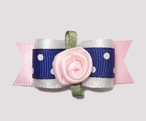 #0674 - 5/8" Dog Bow- Cute Blue/White Dots, Pink Sweetheart Rose