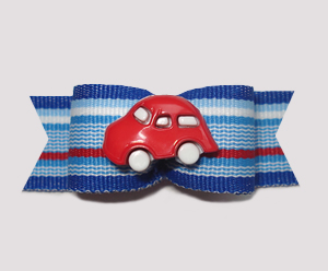 #0679- 5/8" Dog Bow - Vroom Vroom Red Car, Red & Blue Stripes