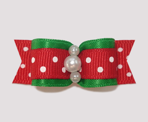 #0825 - 5/8" Dog Bow - Sweet Red & Green Dots, Faux Pearls