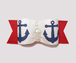 #0842 - 5/8" Dog Bow - Sparkly Navy Anchors on Red