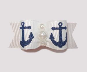 #0843 - 5/8" Dog Bow - Sparkly Navy Anchors on White