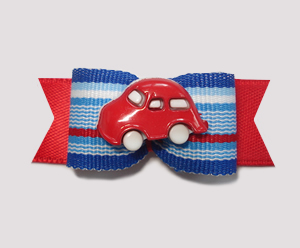 #0849 - 5/8" Dog Bow - Fun Red Car, Red/Blue Stripes on Red