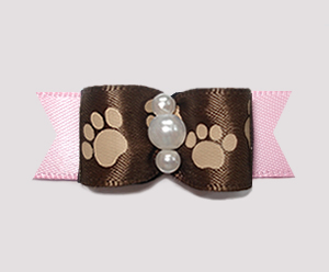 #0875 - 5/8" Dog Bow - Pawsitively Cute Paws, Brown/Baby Pink