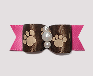 #0880 - 5/8" Dog Bow - Pawsitively Cute Paws, Brown/Hot Pink