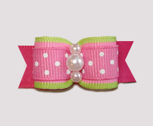 #0895 - 5/8" Dog Bow - Sweet Lime & Pink with Cute Tiny Dots