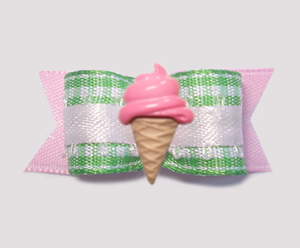 #0964 - 5/8" Dog Bow - Sweet Pink/Green Gingham, Pink Ice Cream