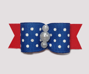#0968 - 5/8" Dog Bow - Blue & White Swiss Dots w/Red, Pearls