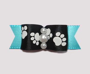 #0988- 5/8" Dog Bow - Pawsitively Cute Paws, Black/Electric Blue