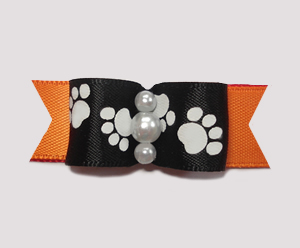 #0989- 5/8" Dog Bow- Pawsitively Cute Paws, Black/Vibrant Orange