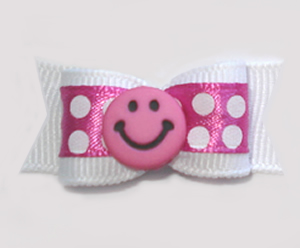#1119 - 5/8" Dog Bow - Pink Smiley Face, Pink w/Bold White Dots