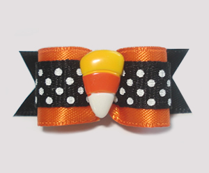 #1407 - 5/8" Dog Bow - Sweet Candy Corn, Orange Satin, B/W Dots