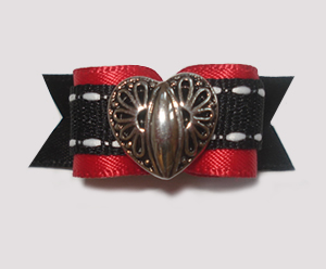 #1458 - 5/8" Dog Bow - Unique Silver Heart, Red & Black