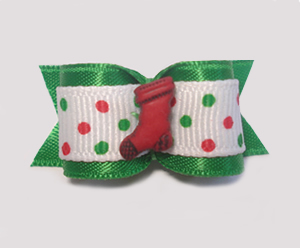 #1491 - 5/8" Dog Bow - Red Stocking, Red, Green & White, Dots