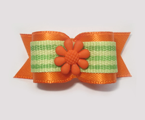 #1561 - 5/8" Dog Bow - Orange w/Lime Green Stripe, Orange Flower