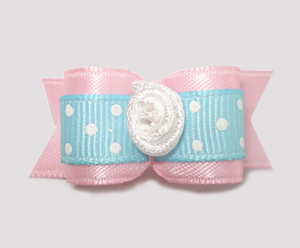 #1563 - 5/8" Dog Bow - Baby Pink & Blue, White Dots, Rosette