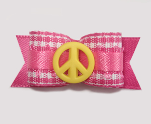 #1627 - 5/8" Dog Bow - Sweet Pink & White Gingham, Yellow Peace