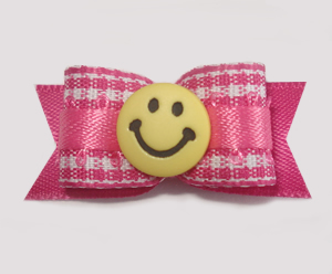 #1628 - 5/8" Dog Bow - Sweet Pink & White Gingham, Yellow Smiley