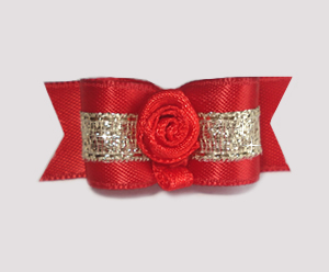 #1655 - 5/8" Dog Bow - Luxurious Gold and Red, Red Rosette