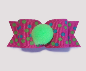 #1693 - 5/8" Dog Bow - Pom-Pom Green, Fun Multi-Color Dots