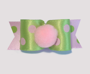 #1708 - 5/8" Dog Bow - Pom-Pom Pink, Green & Pink Dots