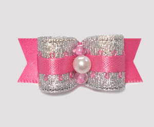 #1796 - 5/8" Dog Bow - Party Pink & Silver, Faux Pearl