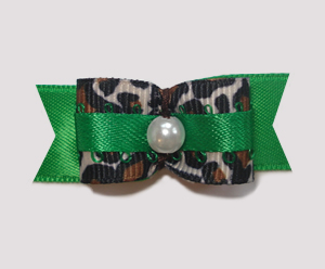 #1800 - 5/8" Dog Bow - Rich Green Satin 'n Leopard, Faux Pearl