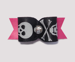 #1854 - 5/8" Dog Bow - Girlie Hot Pink Pirate Skull & Crossbones