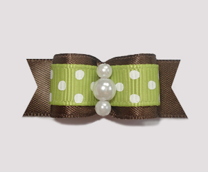 #1873 - 5/8" Dog Bow - Adorable Dots, Green/Brown, Faux Pearls