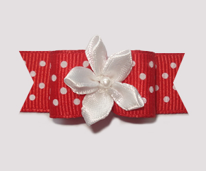 #1962 - 5/8" Dog Bow - Red & White Swiss Dots, White Florette