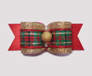 #2067 - 5/8" Dog Bow - Gorgeous Holiday Plaid, Gold Stardust